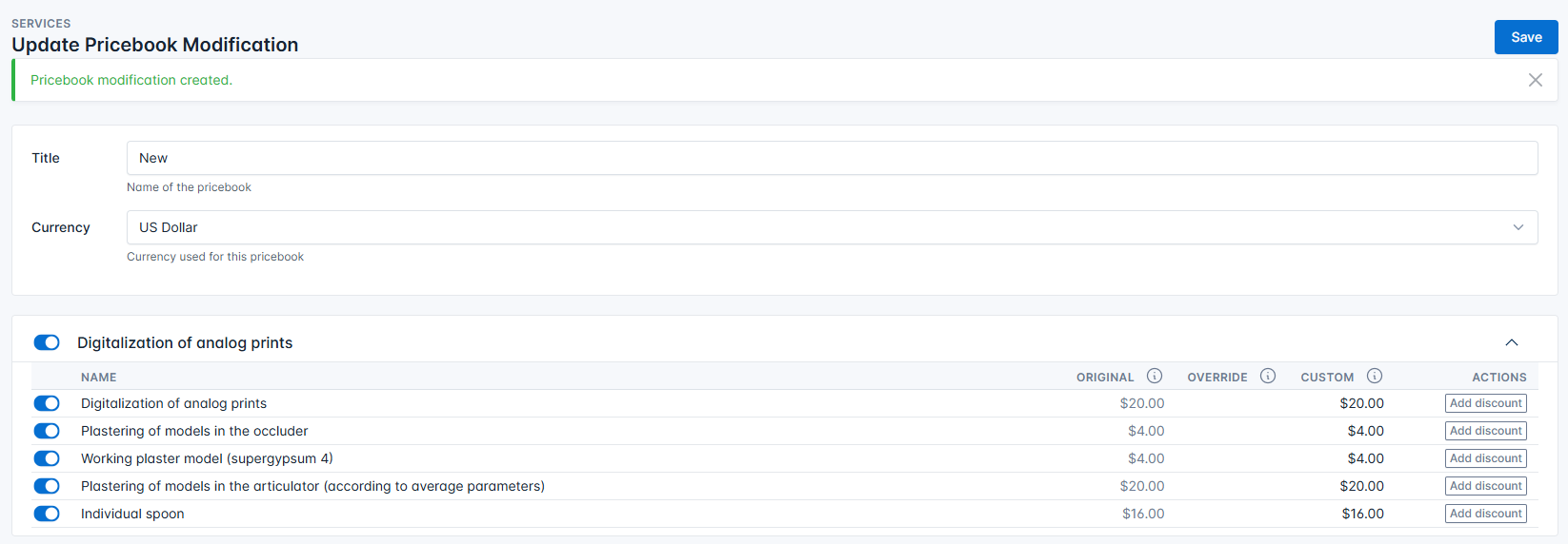 Creating a pricebook